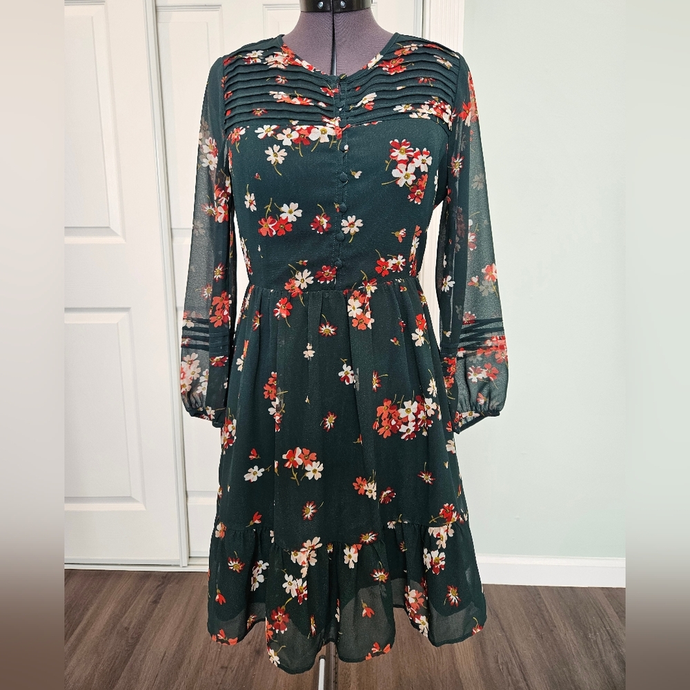 Madewell Sheer-Sleeve Pintuck Ruffle Dress in Spruce Blooms Size 00